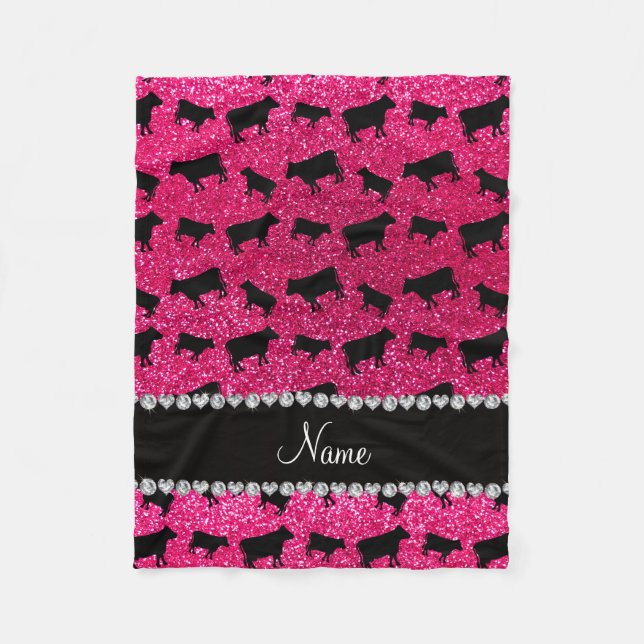Personalized name rose pink glitter cows fleece blanket (Front)