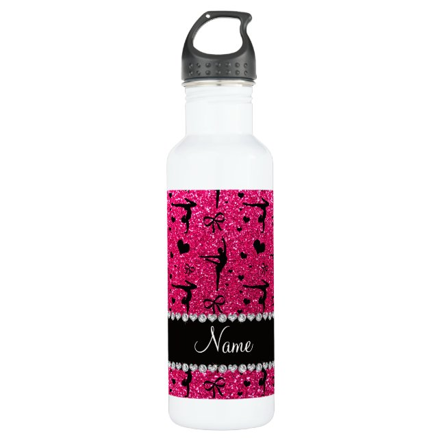 Personalized name rose pink glitter gymnastics 710 ml water bottle (Front)