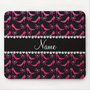 Personalized name rose pink glitter high heels bow mouse pad