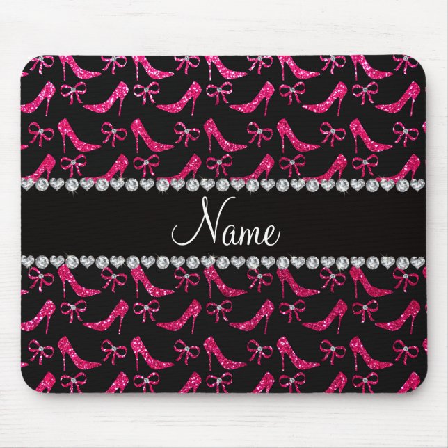 Personalized name rose pink glitter high heels bow mouse pad (Front)