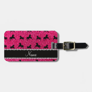 Personalized name rose pink glitter horses luggage tag
