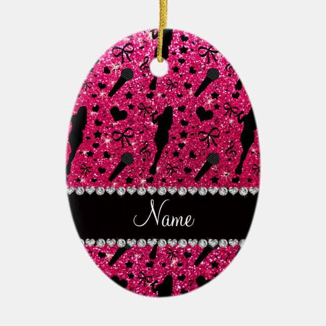 Personalized name rose pink glitter singer ceramic ornament (Front)