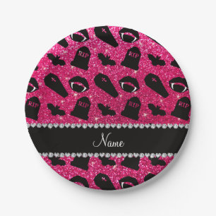 Personalized name rose pink glitter vampire paper plate
