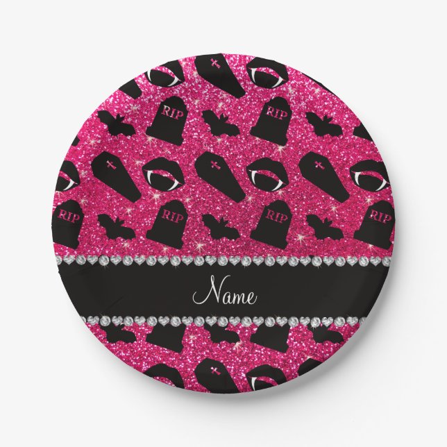 Personalized name rose pink glitter vampire paper plate (Front)