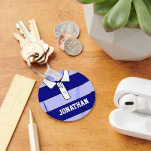 Personalized name rugby jersey blue and light blue keychain