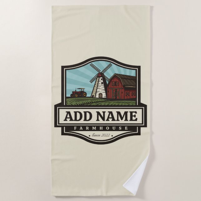 Personalized NAME Rustic Farmhouse Old Windmill  Beach Towel (Front)