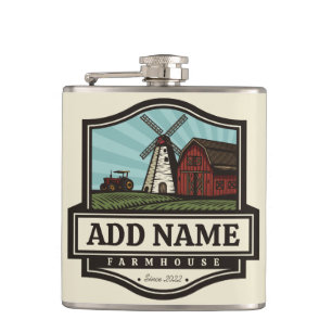 Personalized NAME Rustic Farmhouse Old Windmill Hip Flask