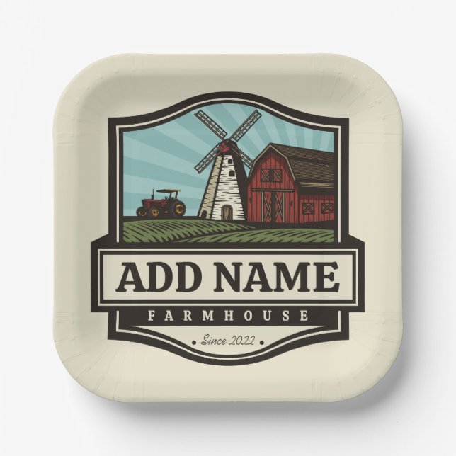 Personalized NAME Rustic Farmhouse Old Windmill Paper Plate (Front)