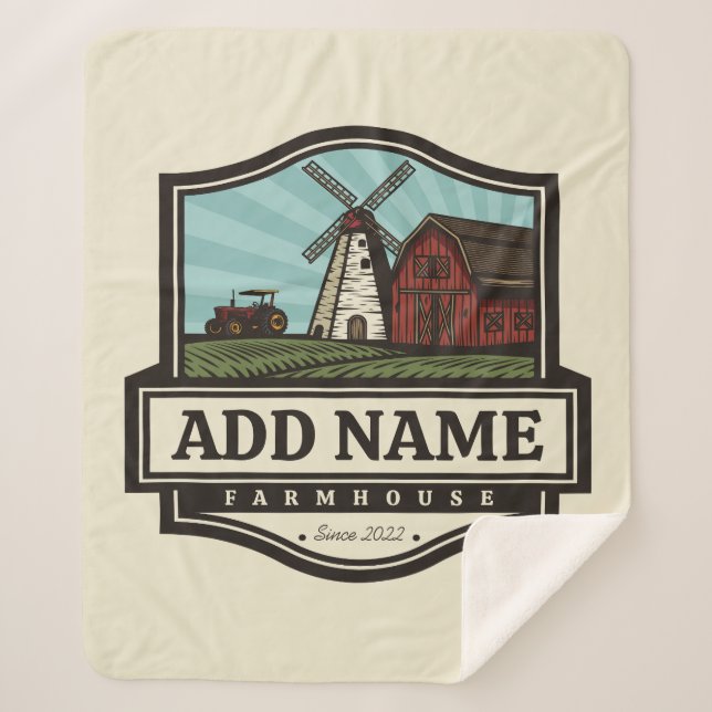 Personalized NAME Rustic Farmhouse Old Windmill Sherpa Blanket (Front)