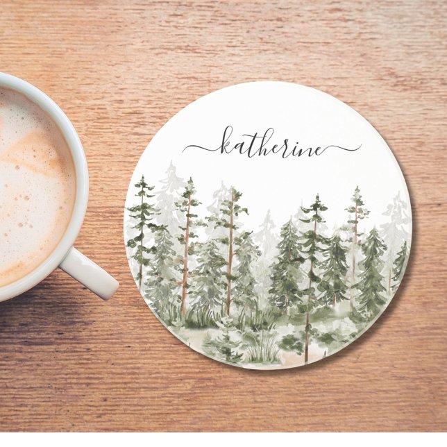 Personalized Name Rustic Green Pine Forest Pinery Coaster (In situ)