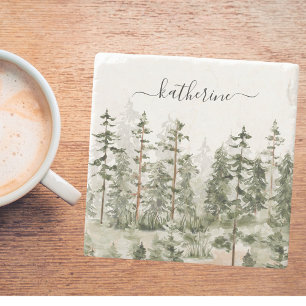 Personalized Name Rustic Green Pine Forest Pinery Stone Coaster