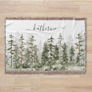 Personalized Name Rustic Green Pine Forest Pinery Throw Blanket