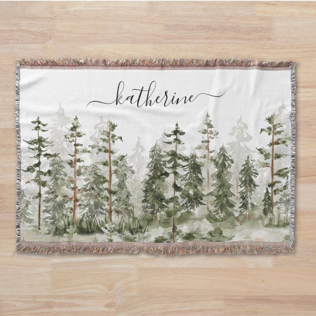 Personalized Name Rustic Green Pine Forest Pinery Throw Blanket (In situ)