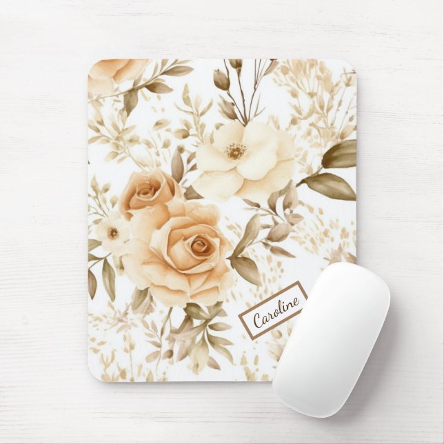 Personalized Name Rustic Modern Boho Roses Neutral Mouse Pad (With Mouse)