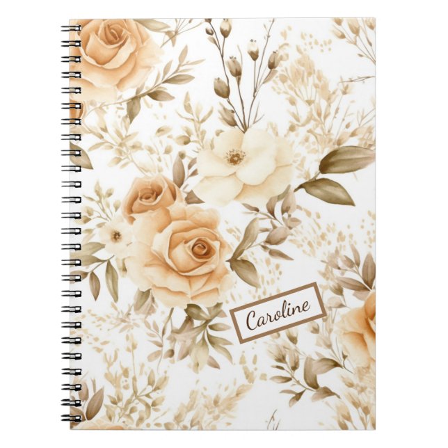 Personalized Name Rustic Modern Boho Roses Neutral Notebook (Front)