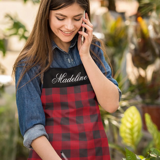 Personalized Name Rustic Red Buffalo Plaid Apron (Customize to change text size or text style.)