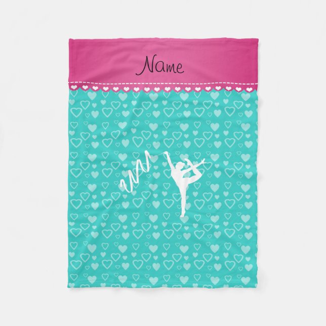 Personalized name rythmic gymnast turquoise hearts fleece blanket (Front)