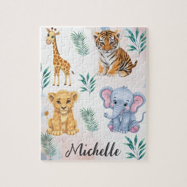 Personalized Name Safari Jungle Animals Kids Jigsaw Puzzle (Vertical)