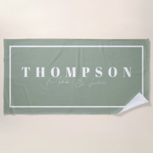 Personalized Name Sage Green Elegant Beach Towel