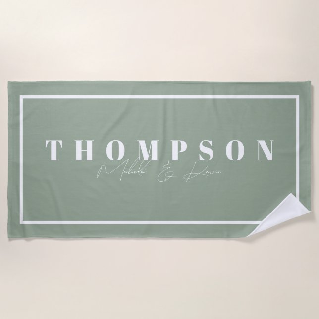 Personalized Name Sage Green Elegant Beach Towel (Front)