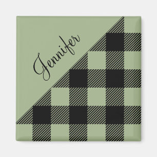 Personalized Name Sage Green Plaid Check Pattern Magnet