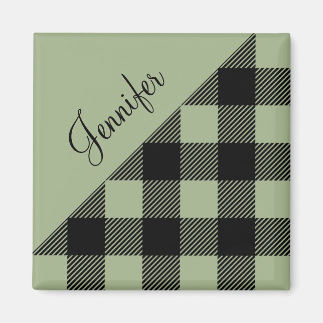 Personalized Name Sage Green Plaid Check Pattern Magnet (Front)