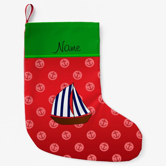 Personalized name sailboat red dot anchors small christmas stocking (Front)