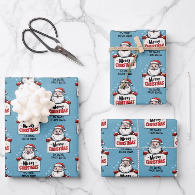 Personalized Name Santa Christmas Wrapping Paper Sheet (Front)