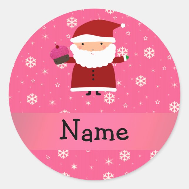 Personalized name santa cupcake pink snowflakes classic round sticker (Front)