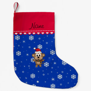 Personalized name santa monkey blue snowflakes small christmas stocking