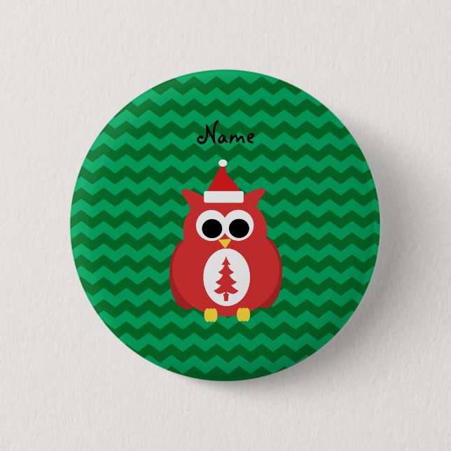 Personalized name santa owl green chevrons 2 inch round button (Front)