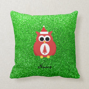 Personalized name santa owl green glitter throw pillow