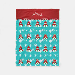 Personalized name santa owl turquoise snowflakes fleece blanket