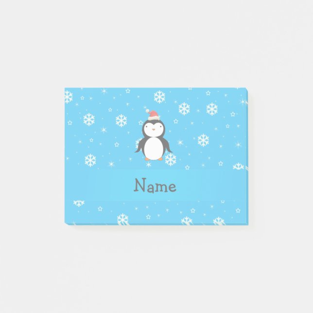 Personalized name santa penguin blue snowflakes post-it notes (Front)