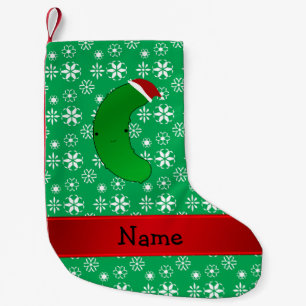 Personalized name santa pickle green snowflakes small christmas stocking