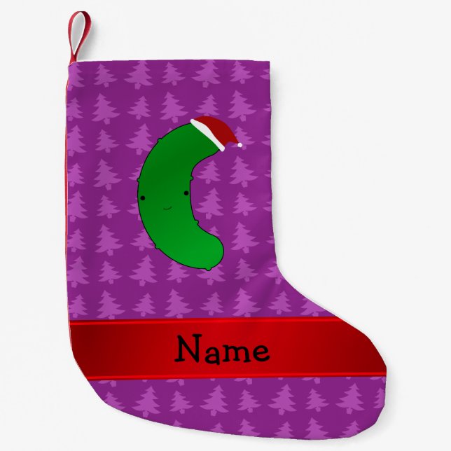 Personalized name santa pickle purple trees small christmas stocking (Front)