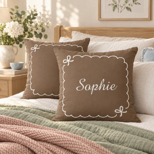 Personalized Name Scalloped Bow Neutral Throw Pillow