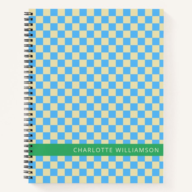 Personalized Name School Retro Chequerboard Blue Notebook (Front)