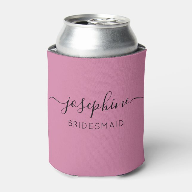 Personalized Name Script Pink Bridesmaid  Can Cooler (Can Front)