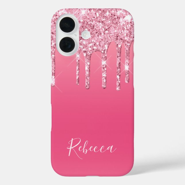 Personalized Name Script Pink Glitter Dripping Case-Mate iPhone Case (Back)