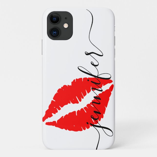 Personalized Name, Script-Red Lips, White/Black Case-Mate iPhone Case (Back)