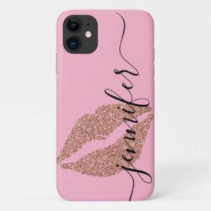 Personalized Name, Script-Rose Gold Lips, Pink iPhone 11 Case
