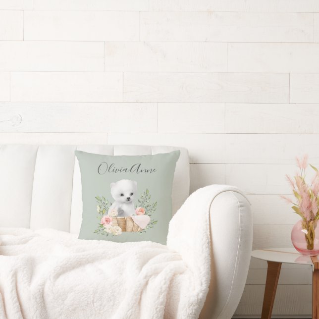 Personalized Name Script Sage Green Polar Bear Throw Pillow (Couch)