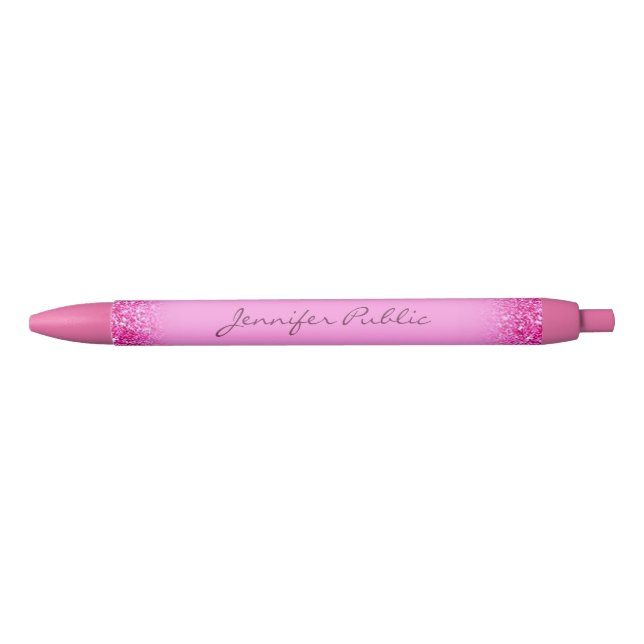 Personalized Name Script Template Pink Glitter Black Ink Pen (Front)