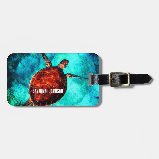 Personalized Name Sea Turtle Beach Vacation Luggage Tag (Front Horizontal)