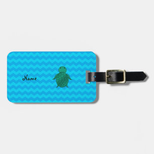 Personalized name sea turtle blue chevrons luggage tag