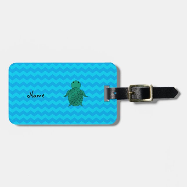 Personalized name sea turtle blue chevrons luggage tag (Front Horizontal)