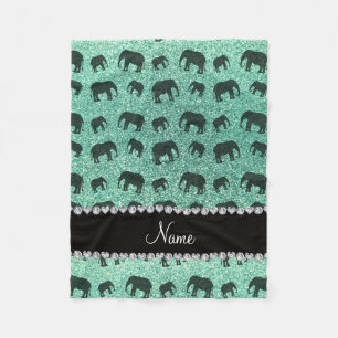 Personalized name seafoam green glitter elephants fleece blanket