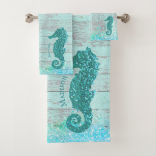 personalized name seahorse turquoise wood rustic bath towel set