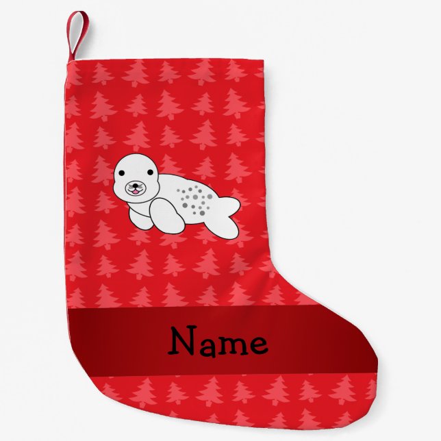 Personalized name seal red christmas trees small christmas stocking (Front)